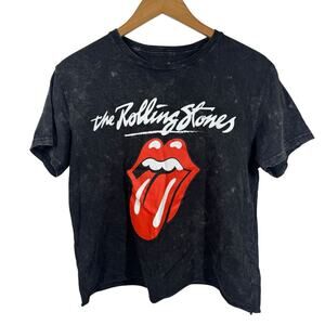 The Rolling Stones Graphic T-Shirt Women Size L Black Cropped Cotton Concert Top